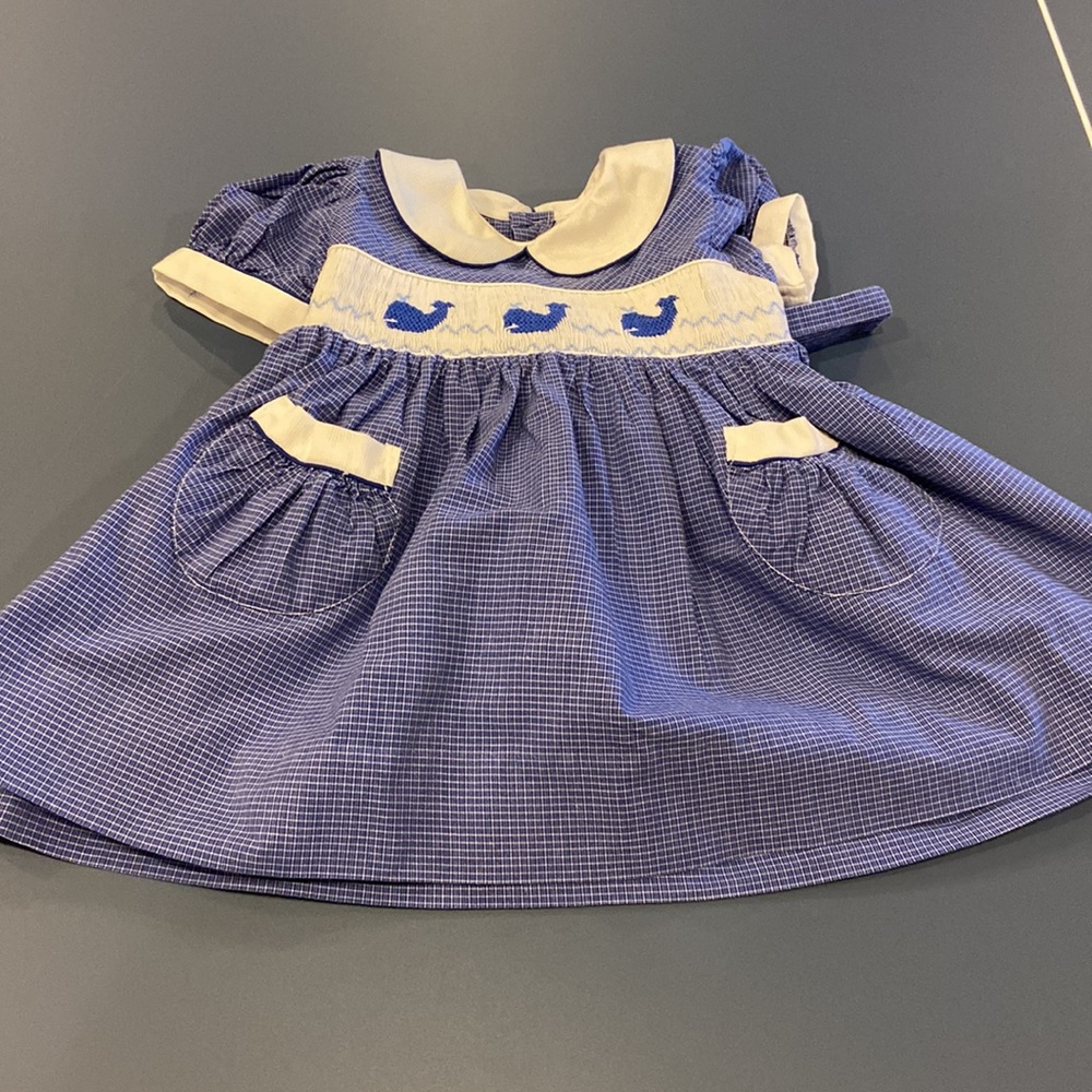 Friedknit Creations Blue Smocked Whale Short Sleeved Bow Tie Dress - Picture 2 of 10